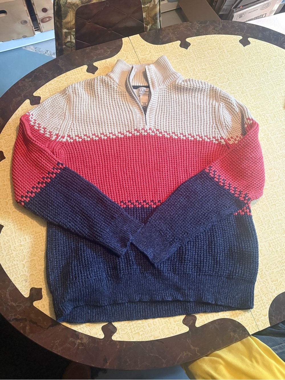 L.L. Bean Men's Colorblock Zip Mock Sweater - Cream, Red & Navy